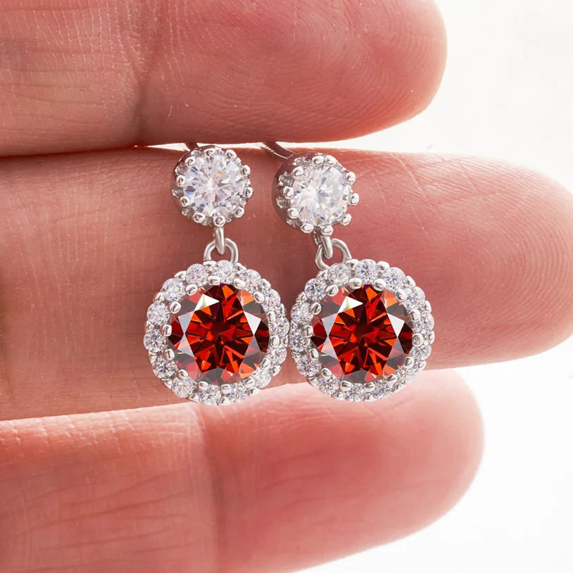 Colored Round Halo Moissanite Drop Earrings in Silver — Garnet red