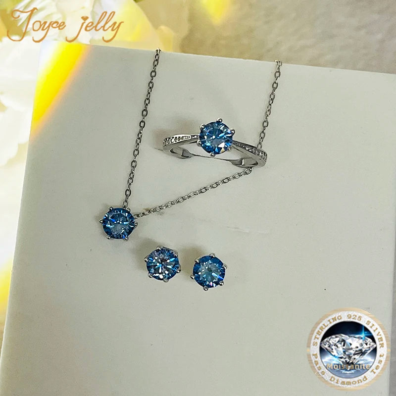 Colored Moissanite Necklace, Stud Earrings & Pavé Ring Set — Blue set on display