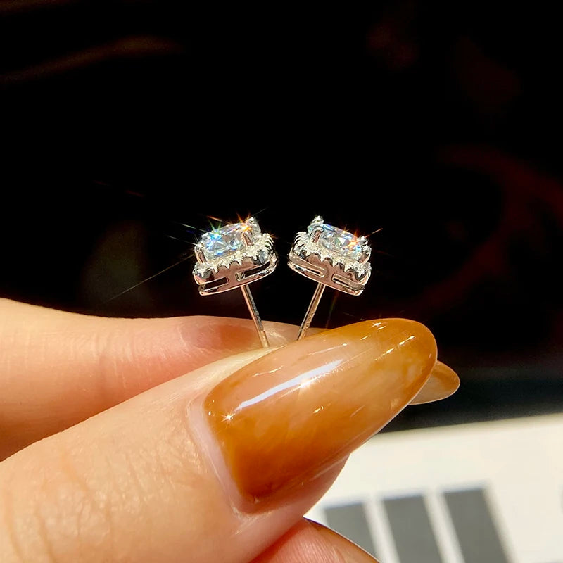 Round Moissanite Square Halo Stud Earrings in Silver — Silver posts and baskets