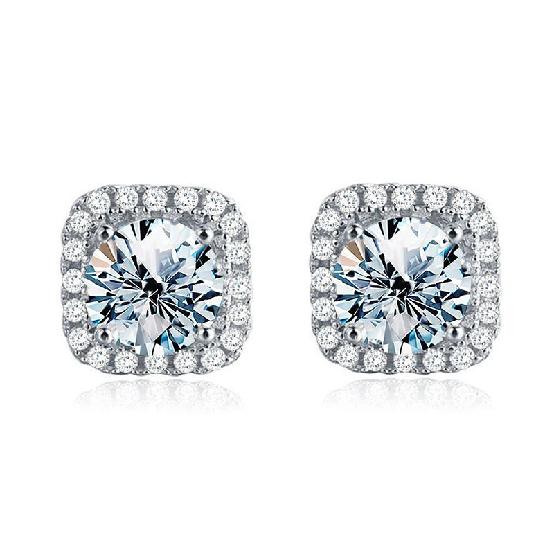 Round Moissanite Square Halo Stud Earrings in Silver — Round centers in square halos