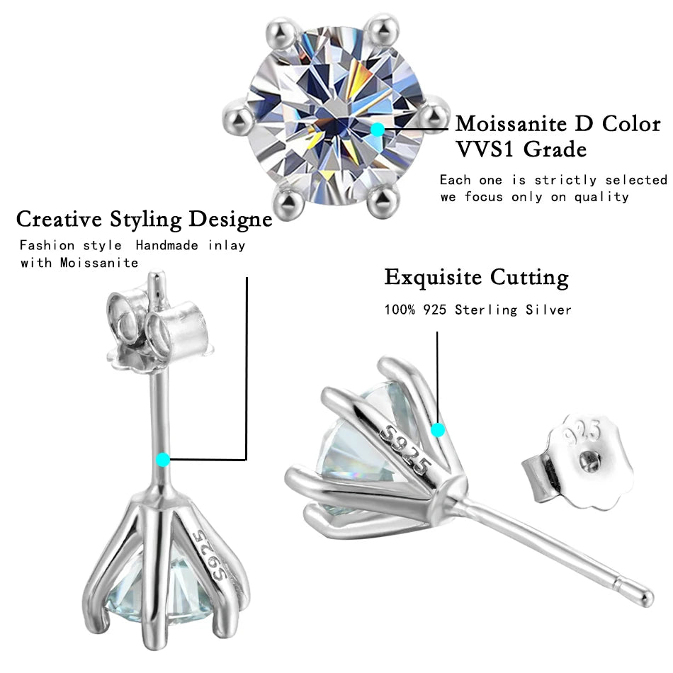 Six-Prong Round Moissanite Solitaire Stud Earrings - Setting and stone detail