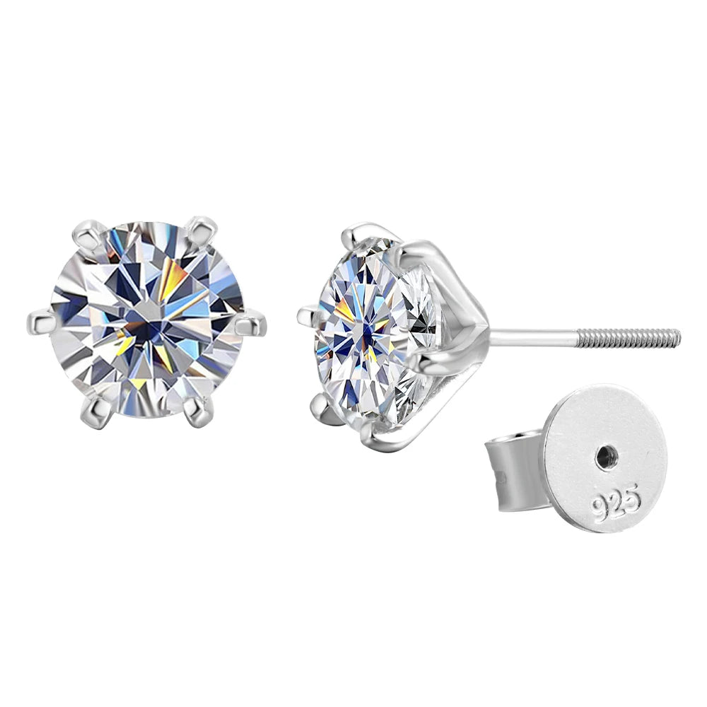 Six-Prong Round Moissanite Solitaire Stud Earrings - Six-prong solitaire fronts and post