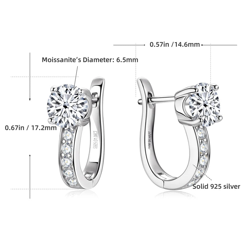 U-Shaped Moissanite Hoop Earrings in Sterling Silver — Silver dimensions and 6.5mm centers