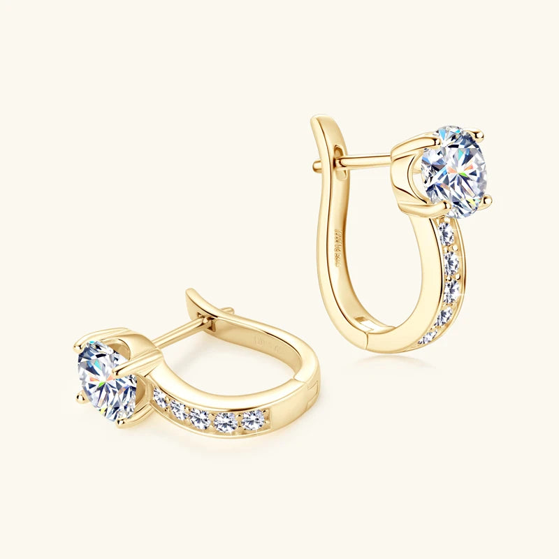 U-Shaped Moissanite Hoop Earrings in Sterling Silver — Gold-Tone hinged post detail