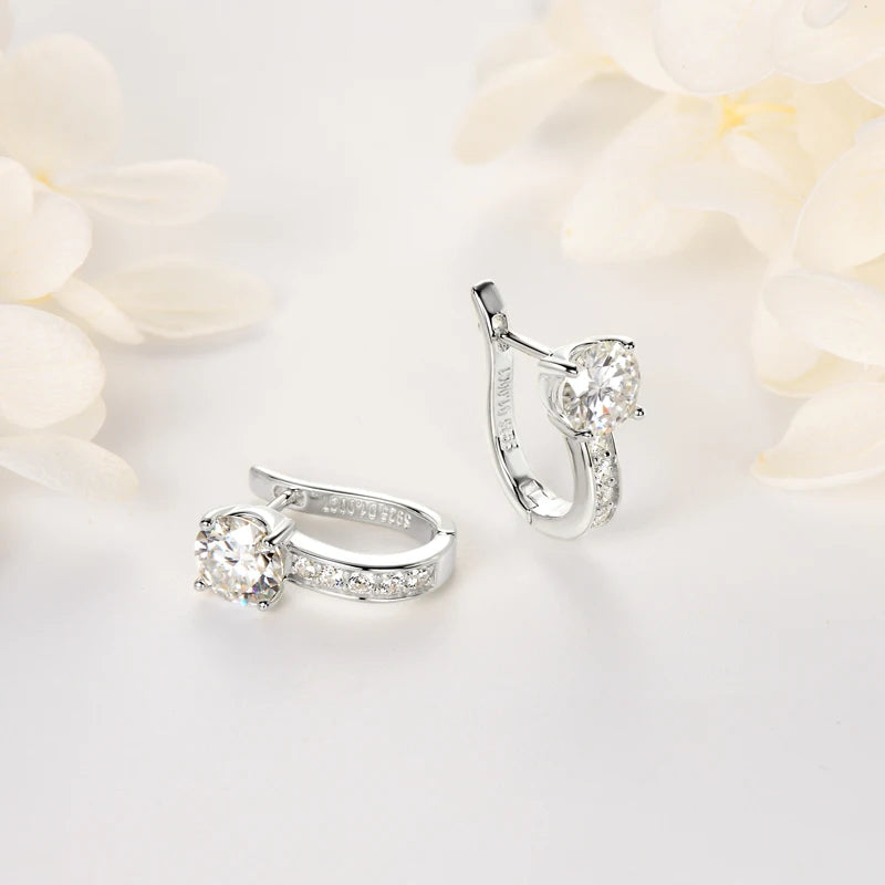 U-Shaped Moissanite Hoop Earrings in Sterling Silver — Silver pair laid flat