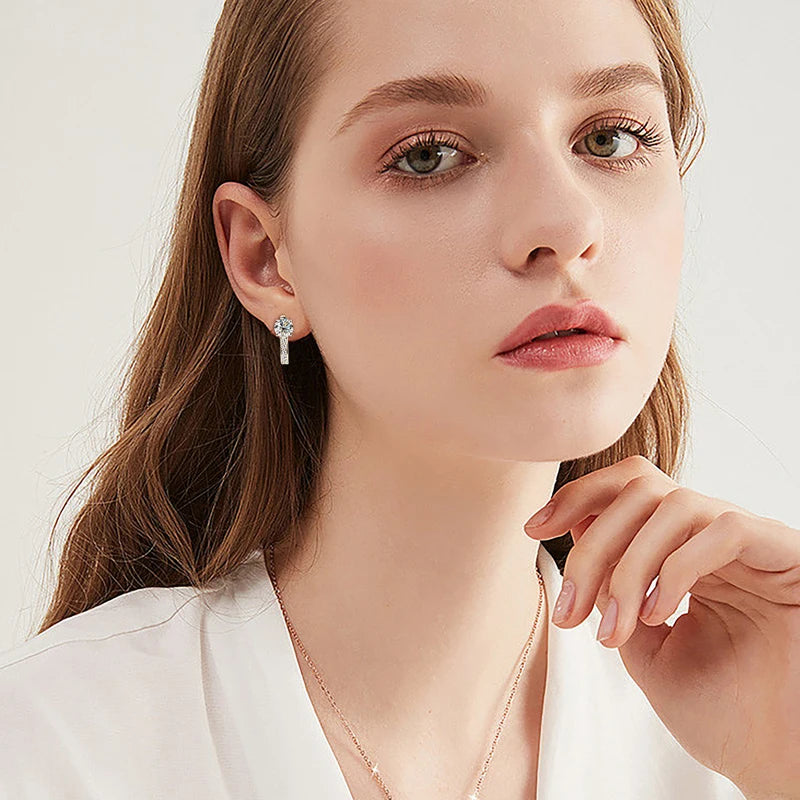 U-Shaped Moissanite Hoop Earrings in Sterling Silver — Hoops styled on the ear