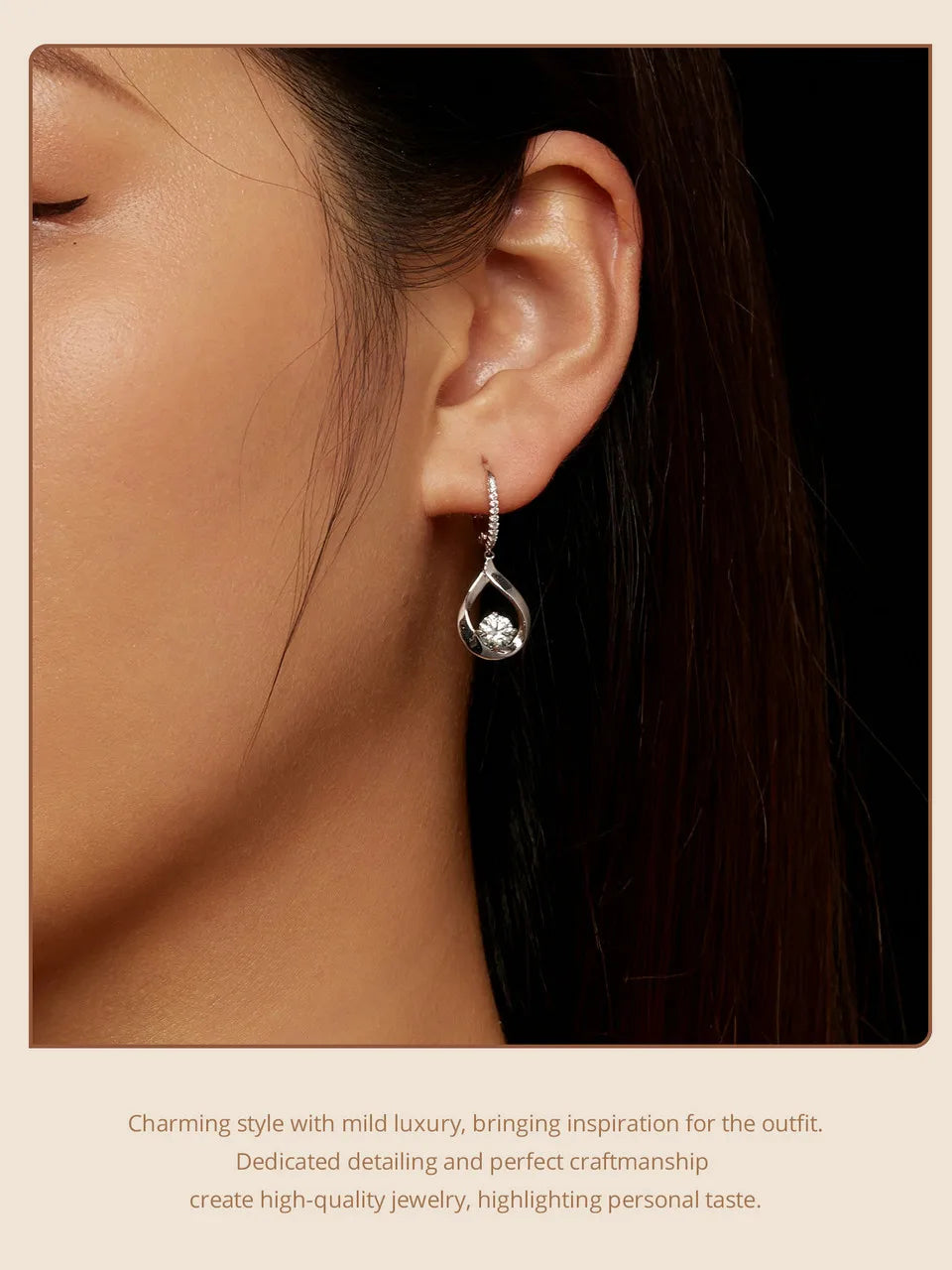 Moissanite Waterdrop Earrings or Necklace in Sterling Silver — Waterdrop earrings worn on ear — BandsCo Straps