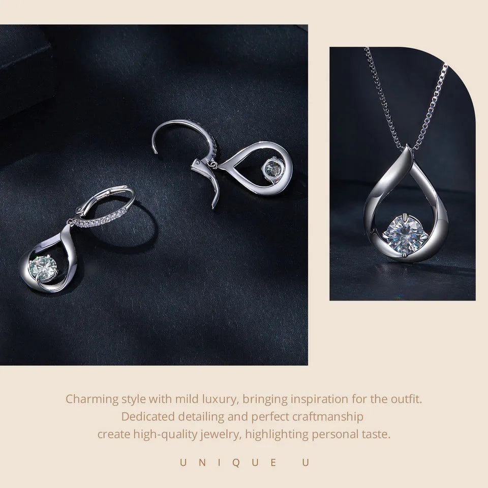 Moissanite Waterdrop Earrings or Necklace in Sterling Silver — Waterdrop earrings and pendant details — BandsCo Straps