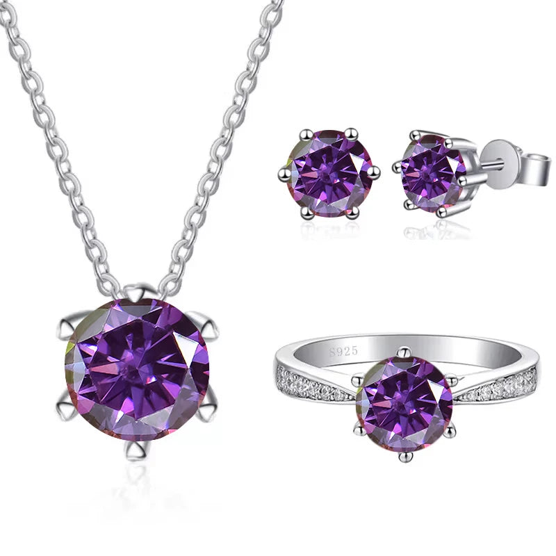 Colored Moissanite Necklace, Stud Earrings & Pavé Ring Set — Purplish red set