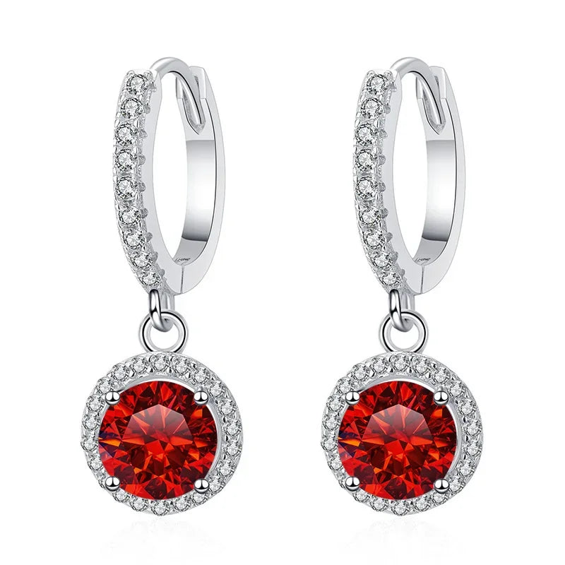 Colored Halo Moissanite Hoop Drop Earrings in Silver — Red