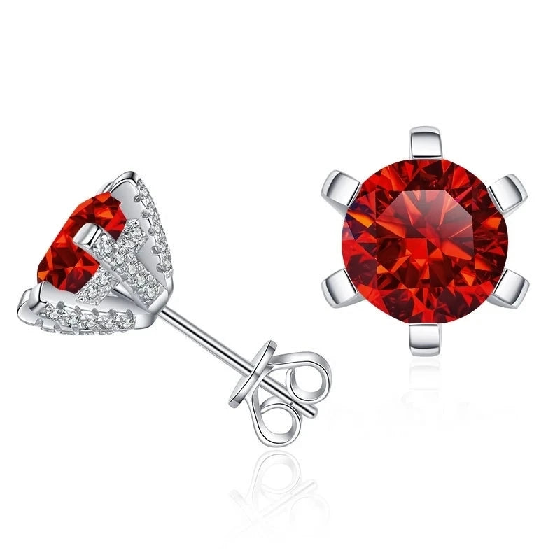 Colored Moissanite Stud Earrings with Sparkling Basket Settings - Red stones