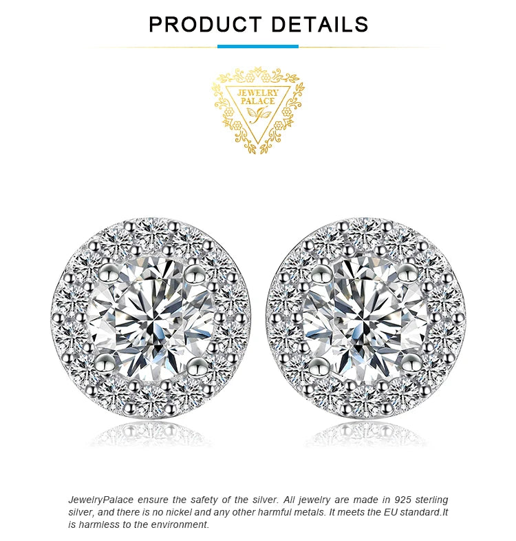 Round Moissanite Halo Stud Earrings in Plated Silver — Round halo detail