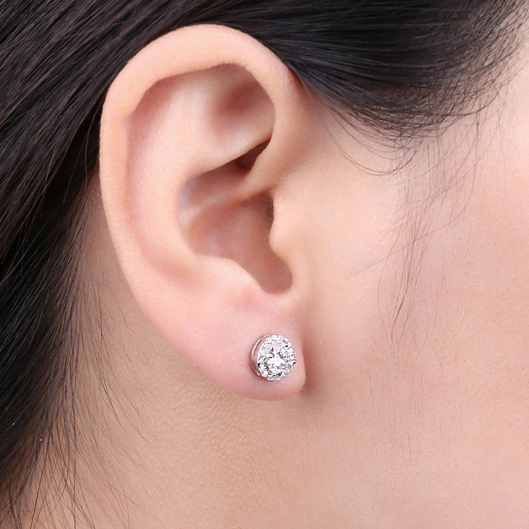 Round Moissanite Halo Stud Earrings in Plated Silver — Stud worn on ear