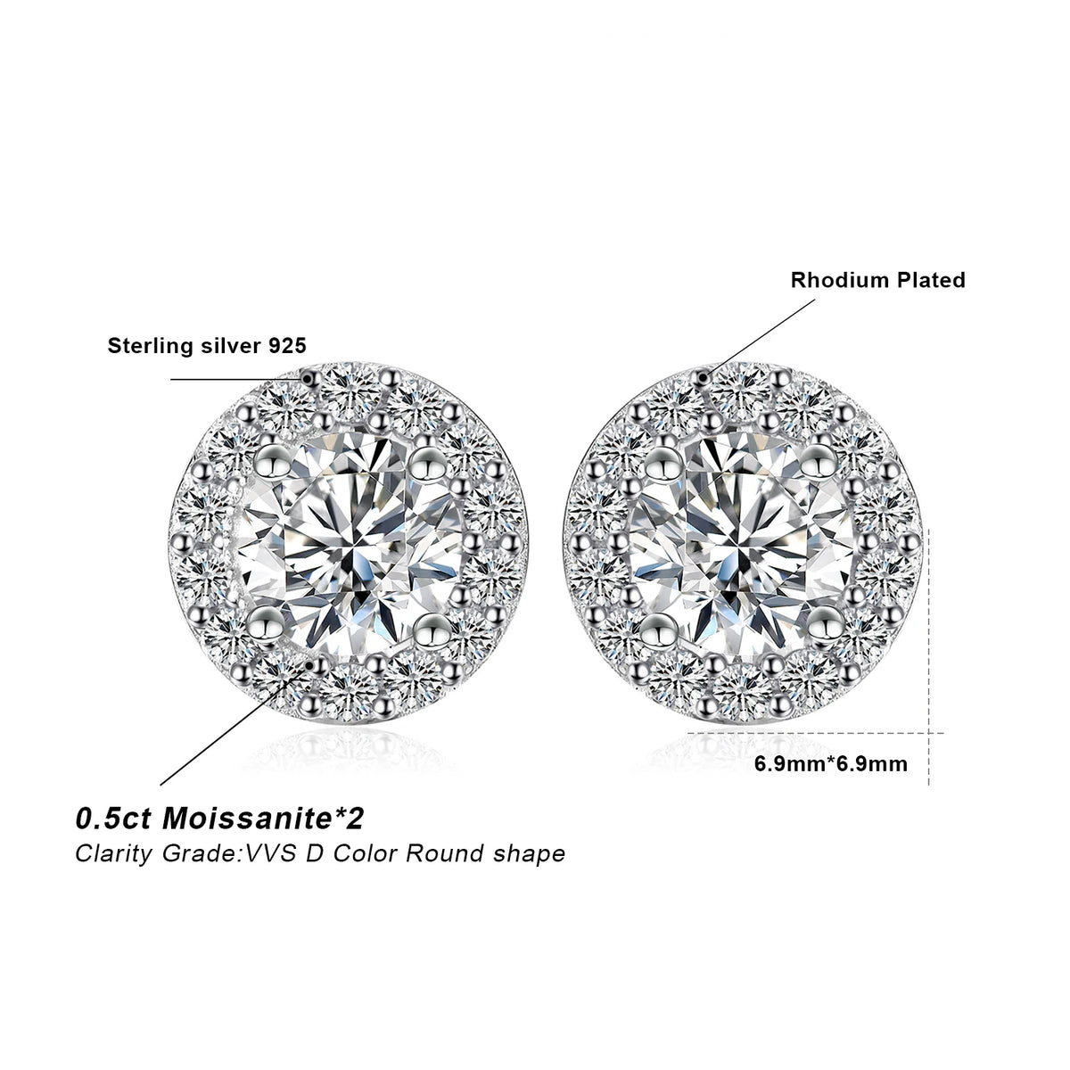 Round Moissanite Halo Stud Earrings in Plated Silver — Setting and size diagram