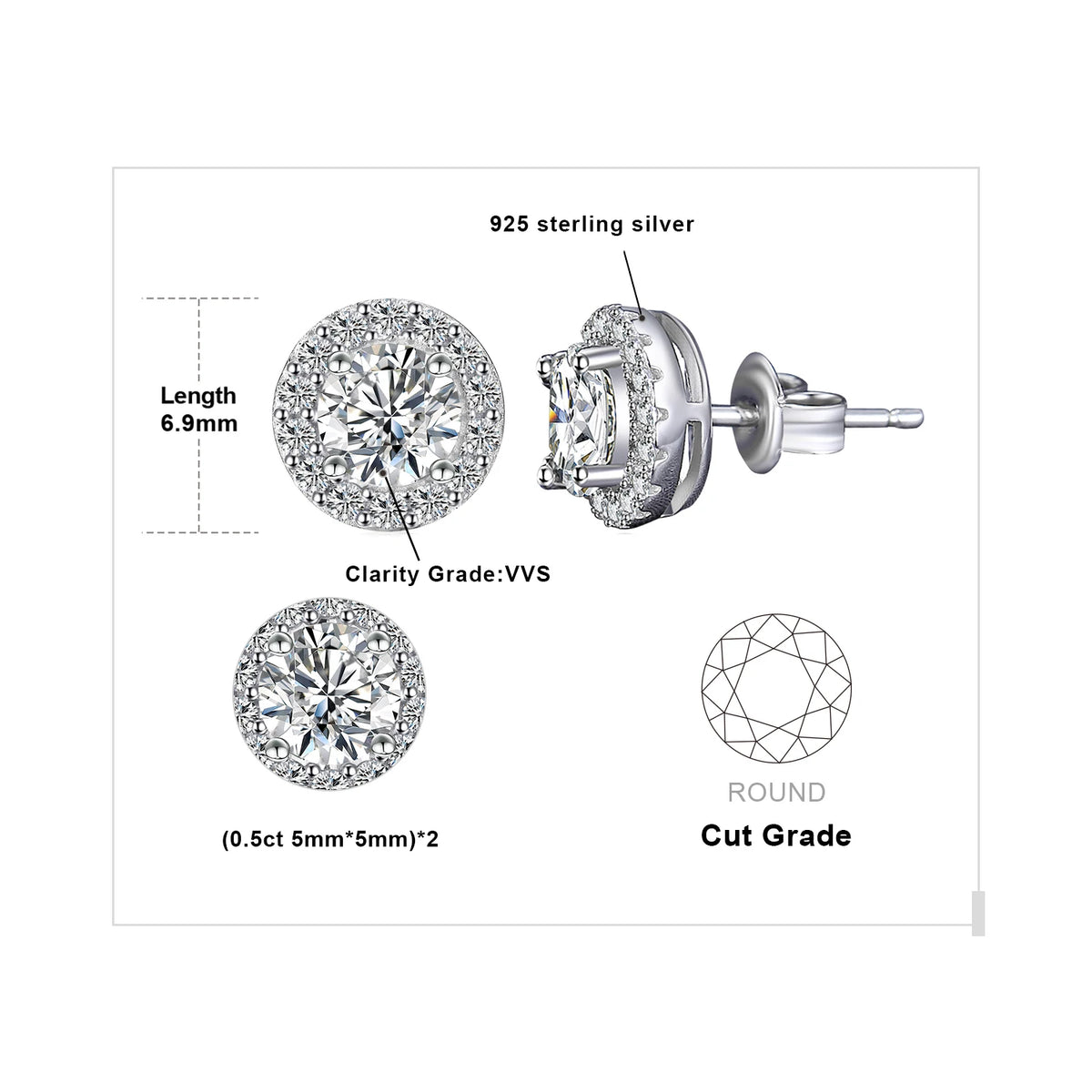 Round Moissanite Halo Stud Earrings in Plated Silver — Silver finish