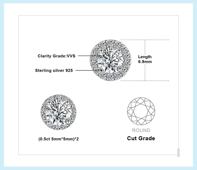Round Moissanite Halo Stud Earrings in Plated Silver — Measurement guide