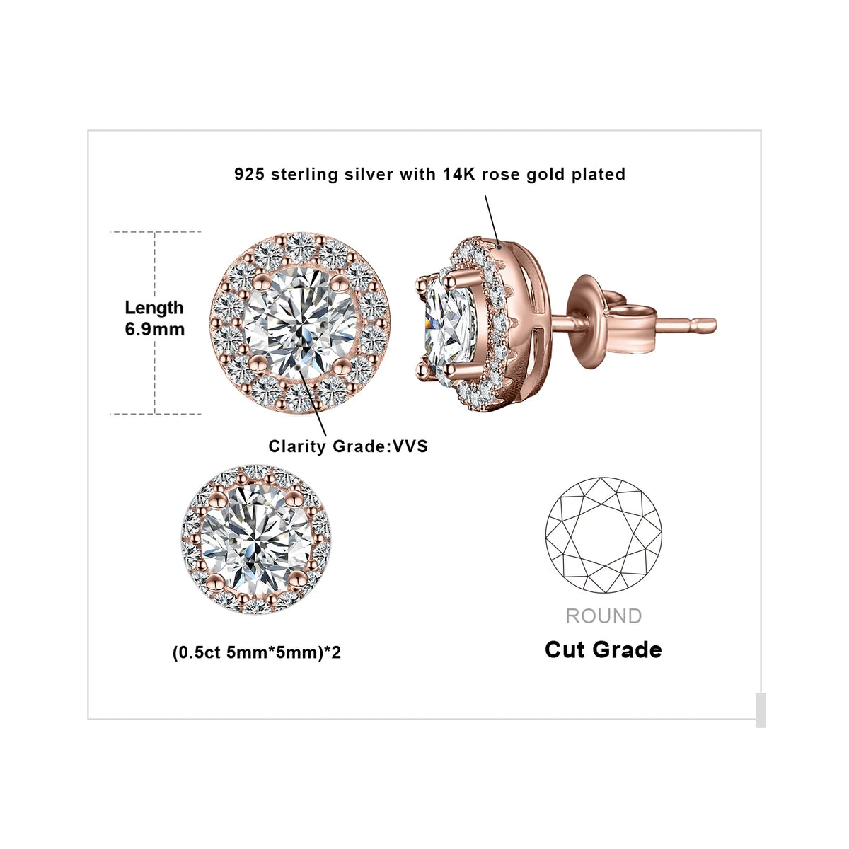 Round Moissanite Halo Stud Earrings in Plated Silver — Rose gold-tone finish