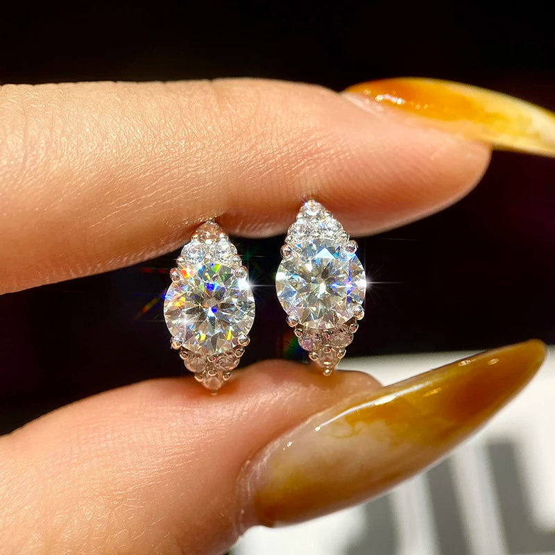 Round Moissanite Accent Hoop Earrings in Sterling Silver - Round center and pointed accent hoop fronts