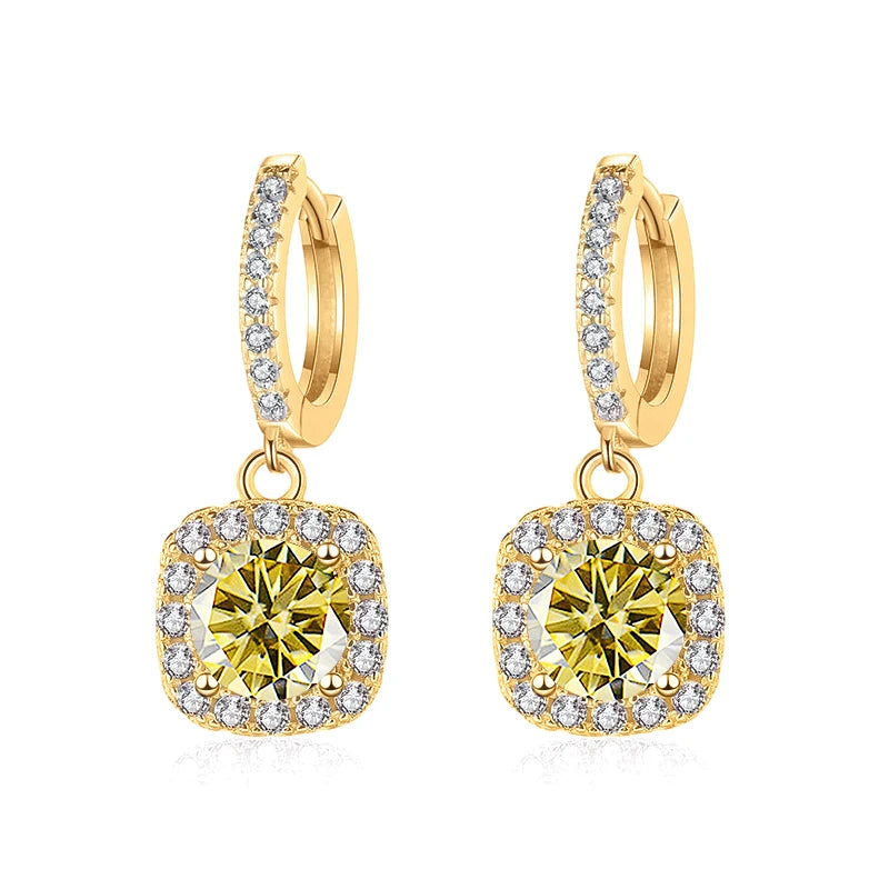 Colored Moissanite Cushion Halo Drop Hoop Earrings - Lemon yellow centers