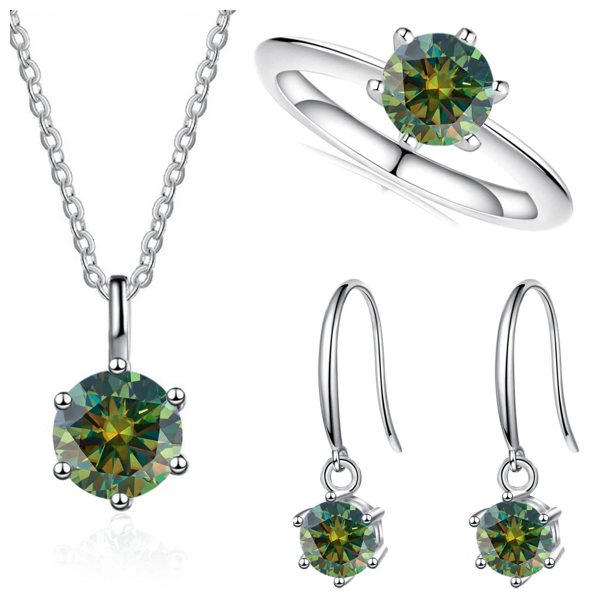 Colored Moissanite Necklace, Drop Earrings & Ring Set in Silver — Dark green set