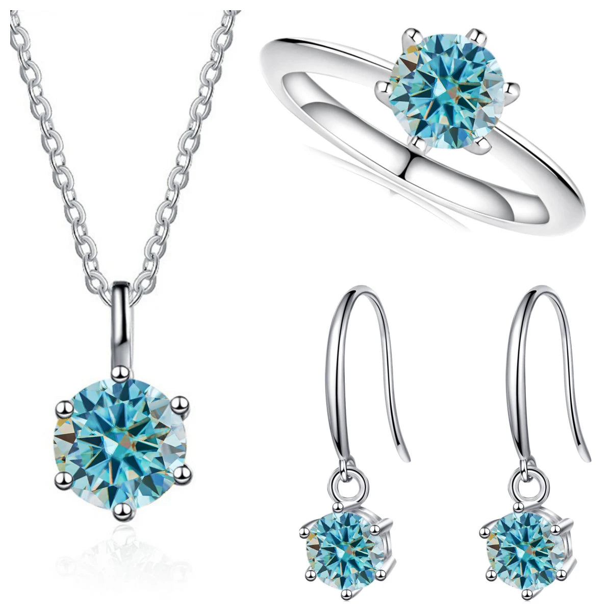 Colored Moissanite Necklace, Drop Earrings & Ring Set in Silver — Blue set