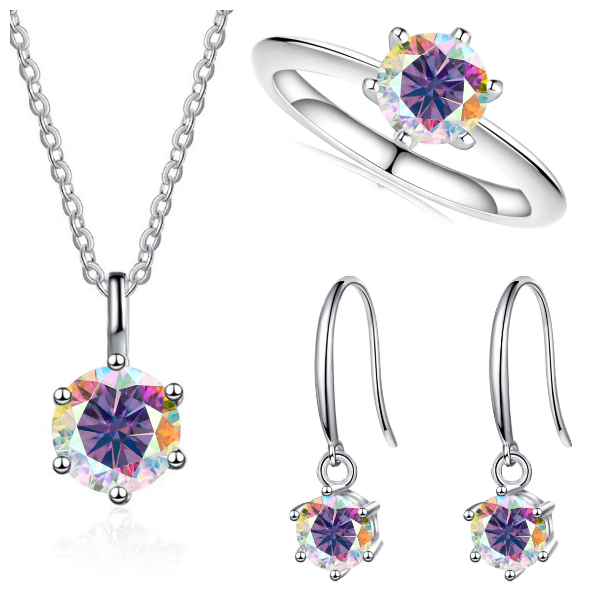 Colored Moissanite Necklace, Drop Earrings & Ring Set in Silver — Color comparison