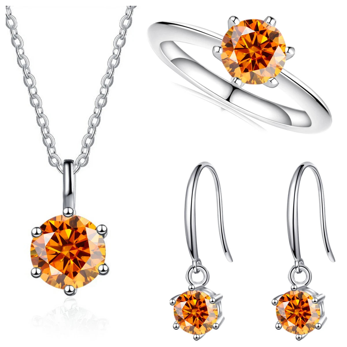 Colored Moissanite Necklace, Drop Earrings & Ring Set in Silver — Orange color example
