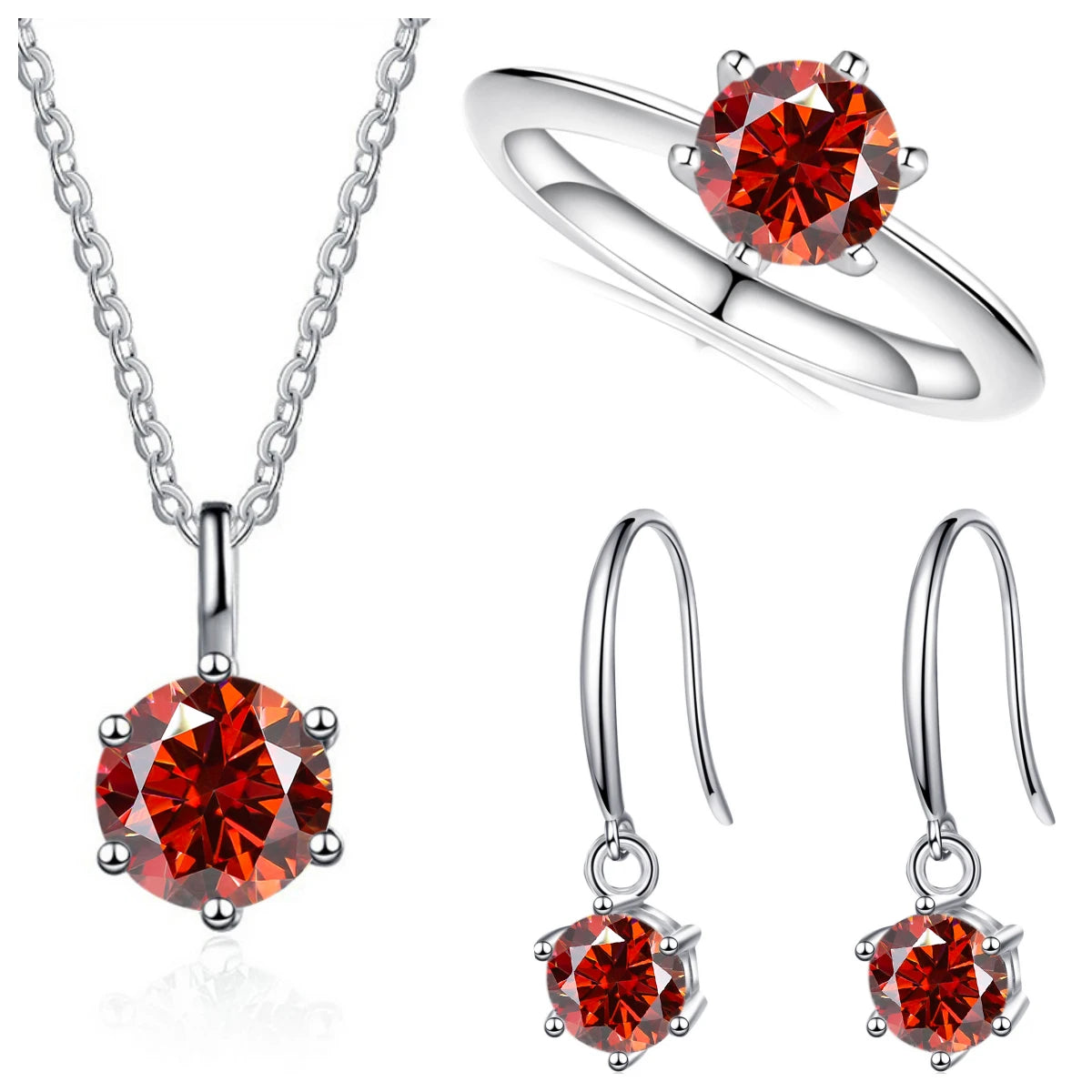Colored Moissanite Necklace, Drop Earrings & Ring Set in Silver — Red set