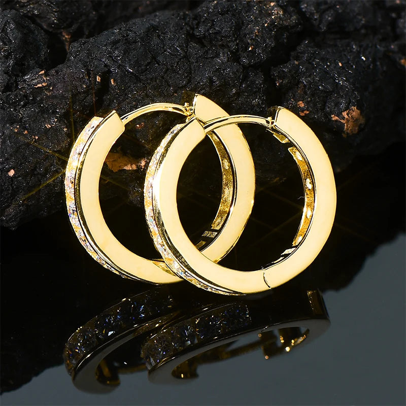 Moissanite Channel-Style Huggie Hoop Earrings in Silver — Gold-tone hoops on stone