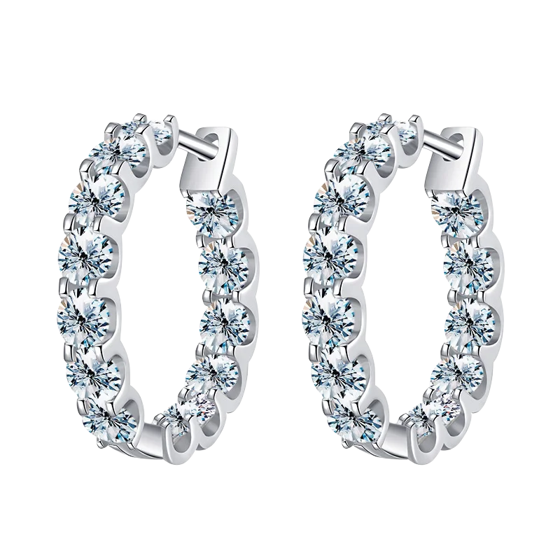 Round Moissanite Hoop Earrings in White Gold-Plated Silver — Stone-set hoop pair