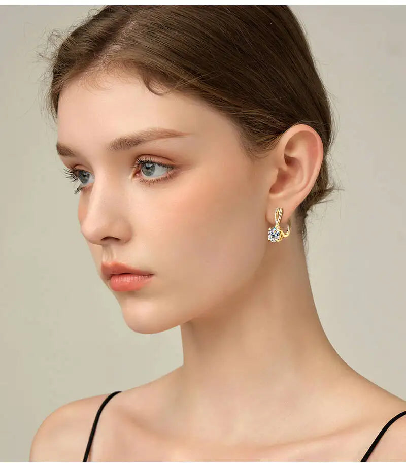 Moissanite Crossover Leverback Earrings in Sterling Silver — Crossover earrings worn on ear — BandsCo Straps