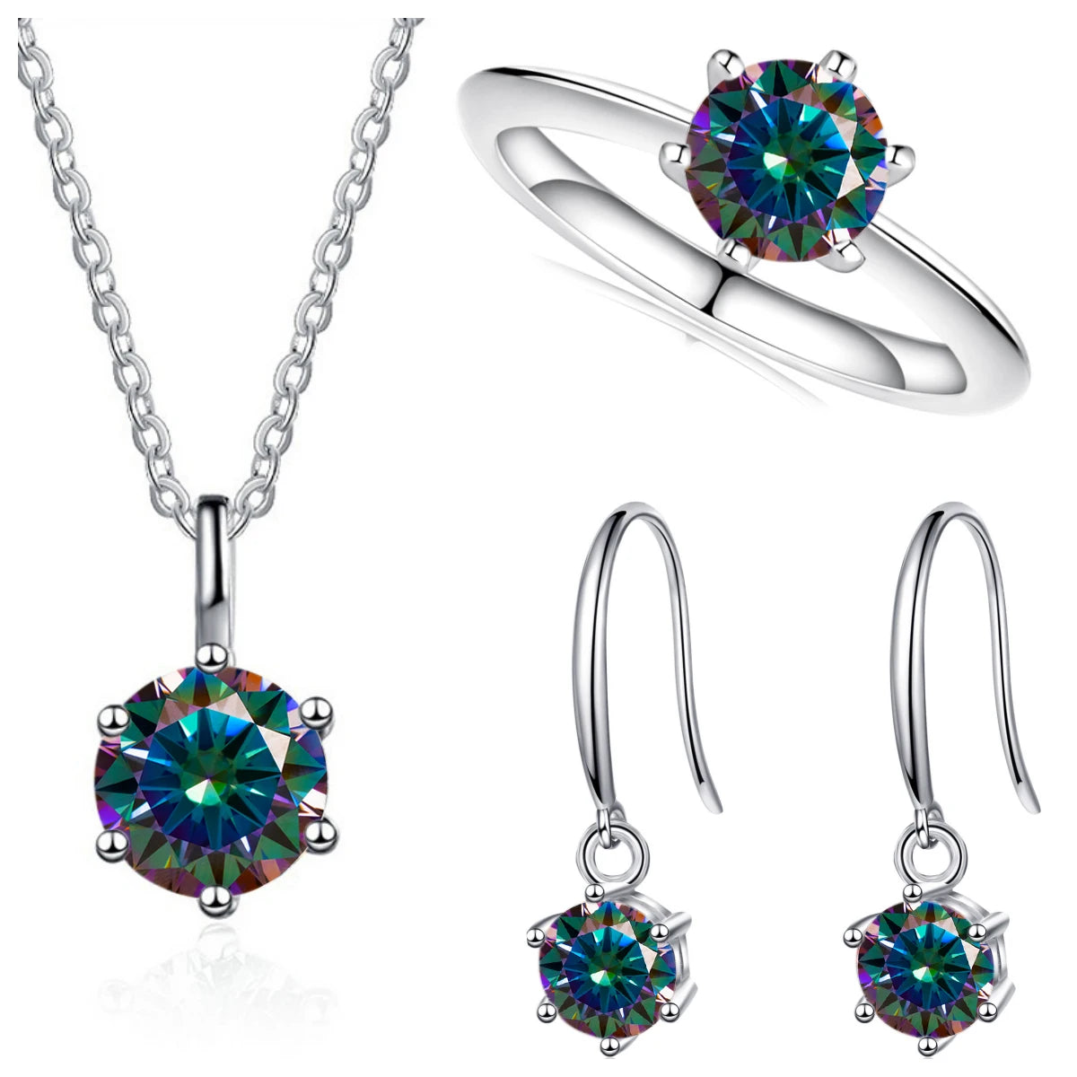 Colored Moissanite Necklace, Drop Earrings & Ring Set in Silver — Multicolor set