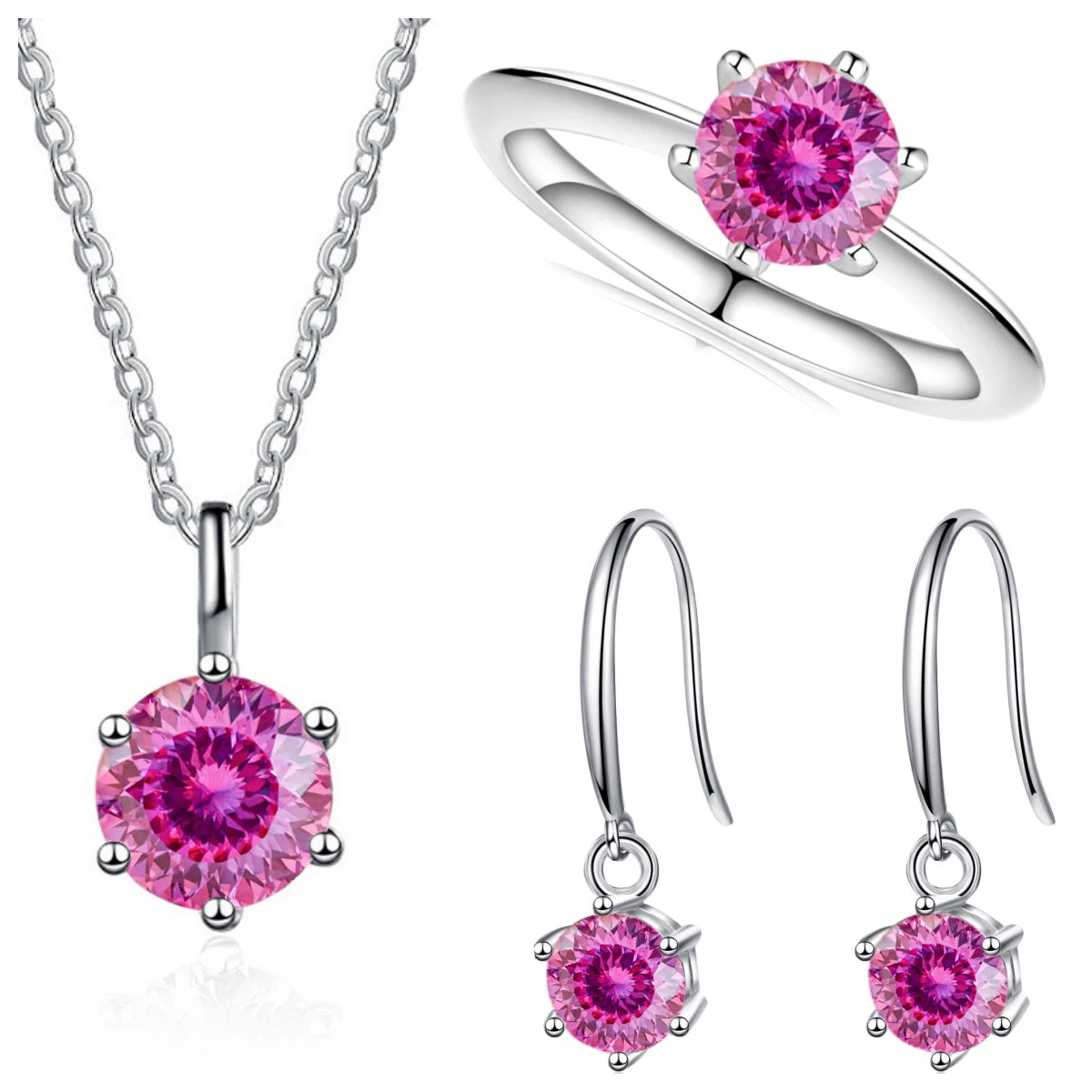 Colored Moissanite Necklace, Drop Earrings & Ring Set in Silver — Pink set