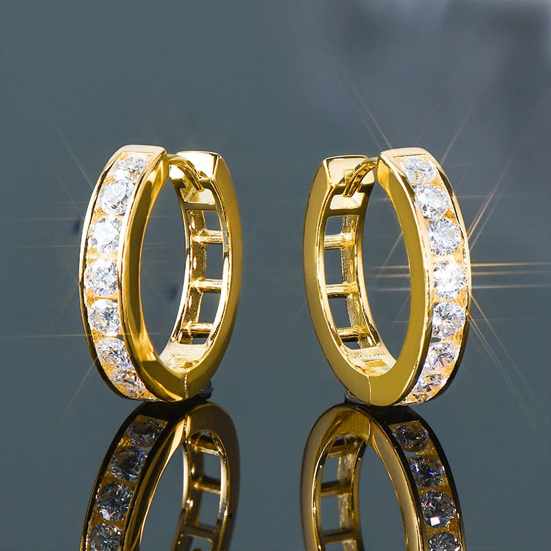 Moissanite Channel-Style Huggie Hoop Earrings in Silver — Gold-tone hinged hoops