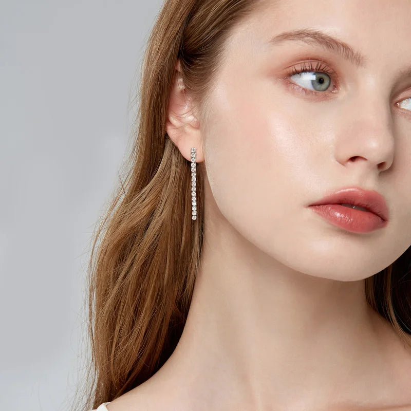 Moissanite Tennis Chain Drop Earrings in Sterling Silver — Tennis drops worn