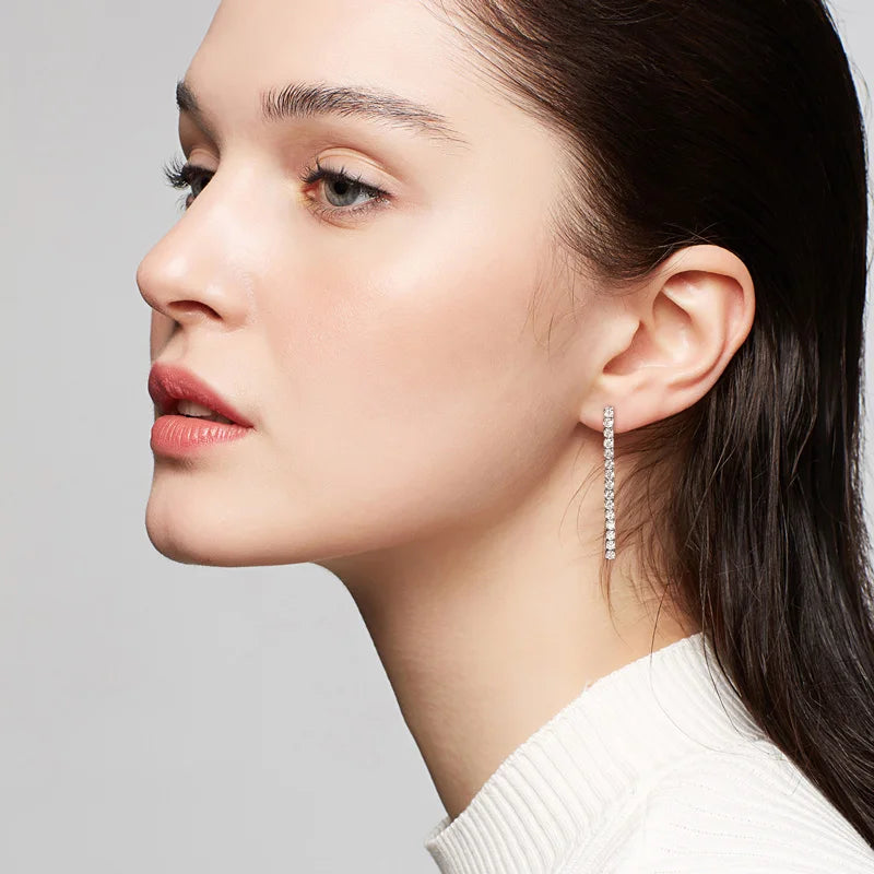 Moissanite Tennis Chain Drop Earrings in Sterling Silver — Drop earrings worn