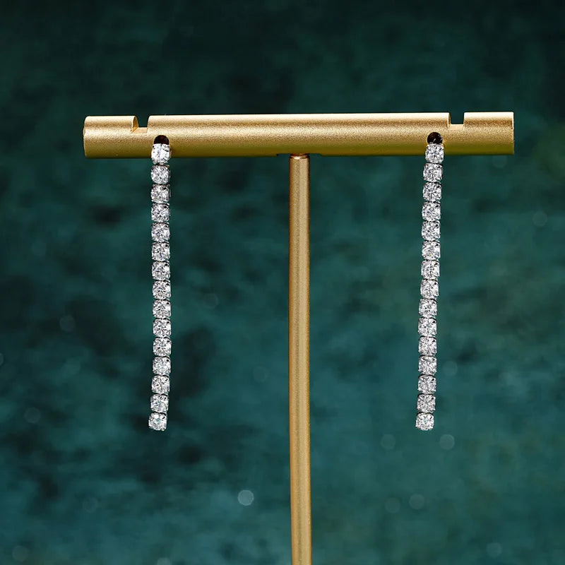 Moissanite Tennis Chain Drop Earrings in Sterling Silver — Silver pair hanging