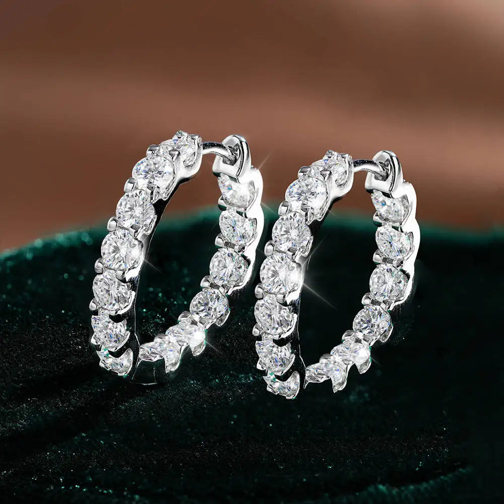 Round Moissanite Hoop Earrings in Sterling Silver — Silver hoop pair