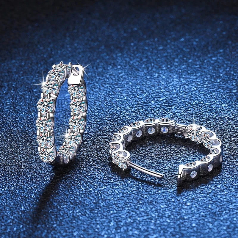 Round Moissanite Hoop Earrings in Plated Sterling Silver — Open hinged closure
