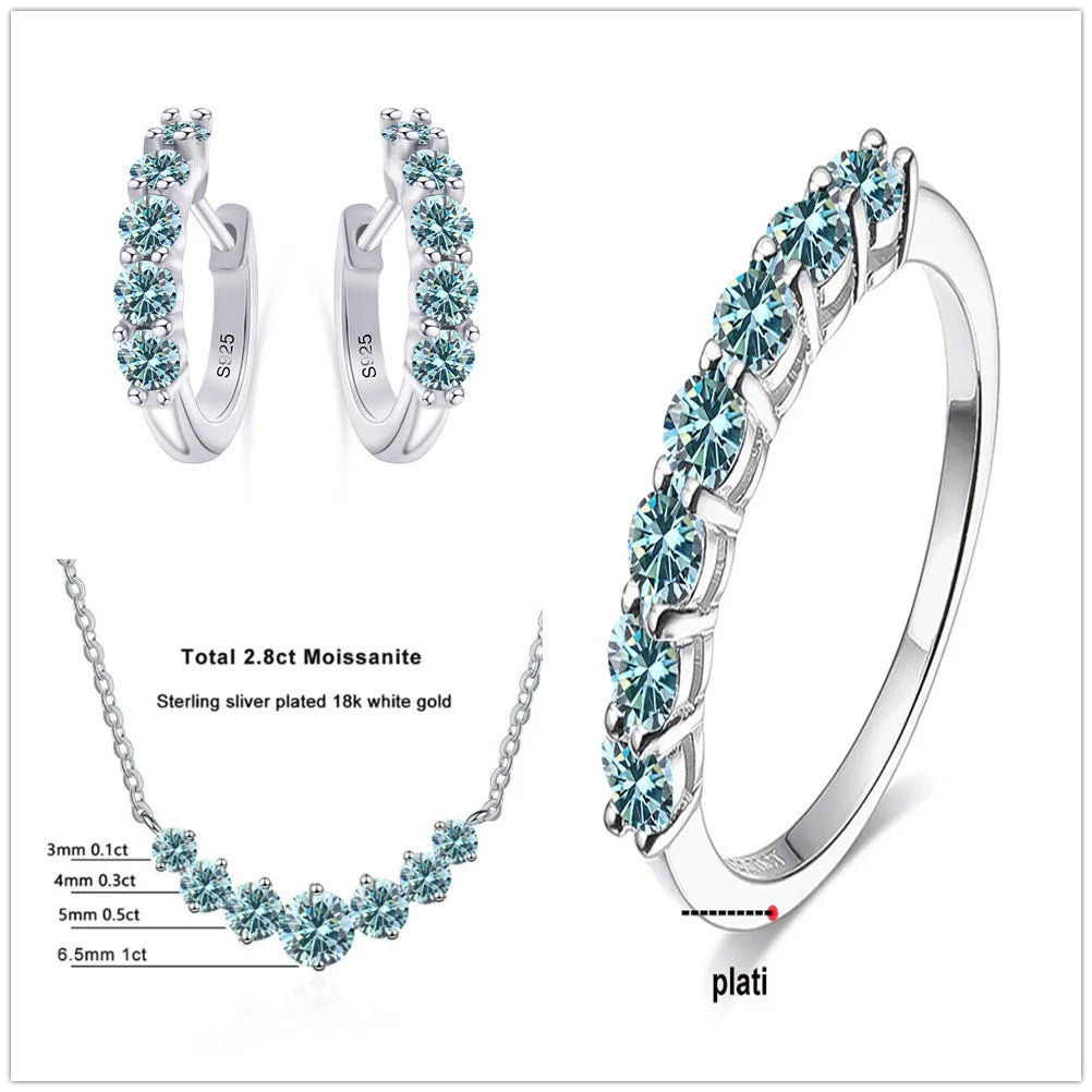 Moissanite Necklace, Hoop Earrings & Ring Jewelry Set — Blue necklace hoop earrings and ring