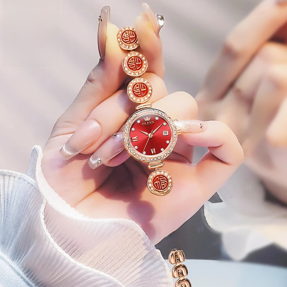 Women's Medallion Bracelet Crystal Quartz Watch — Rose Gold Tone / Red Dial — BandsCo Straps
