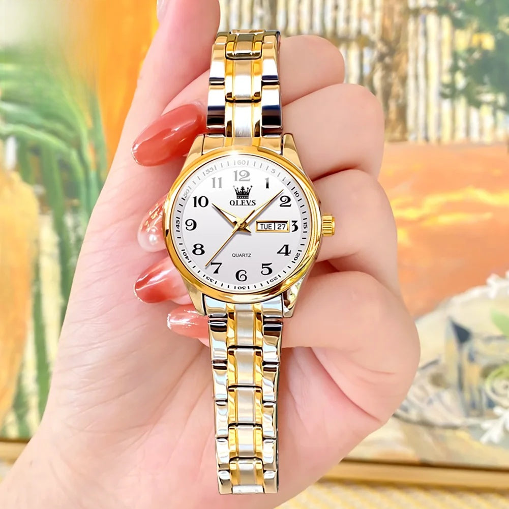 Women's Arabic Numeral Day-Date Bracelet Watch — White dial watch held in hand — BandsCo Straps