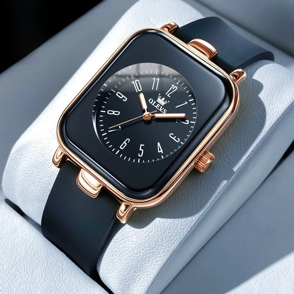 Women's Rectangular Silicone Quartz Watch — Black / Rose Gold Tone — BandsCo Straps