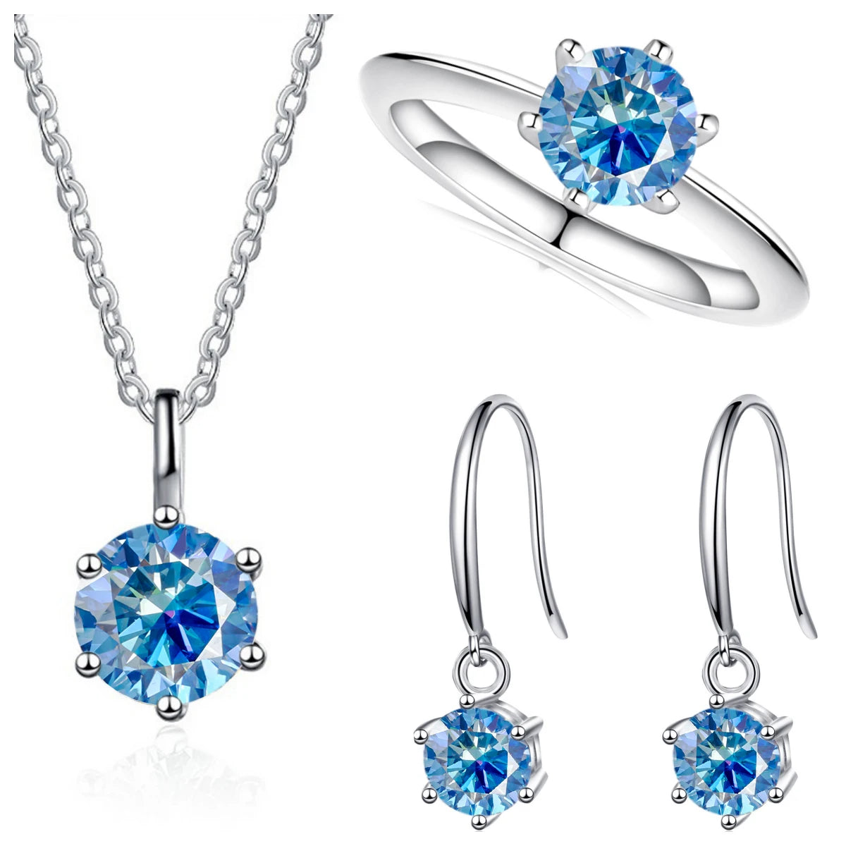 Colored Moissanite Necklace, Drop Earrings & Ring Set in Silver — Royal blue set