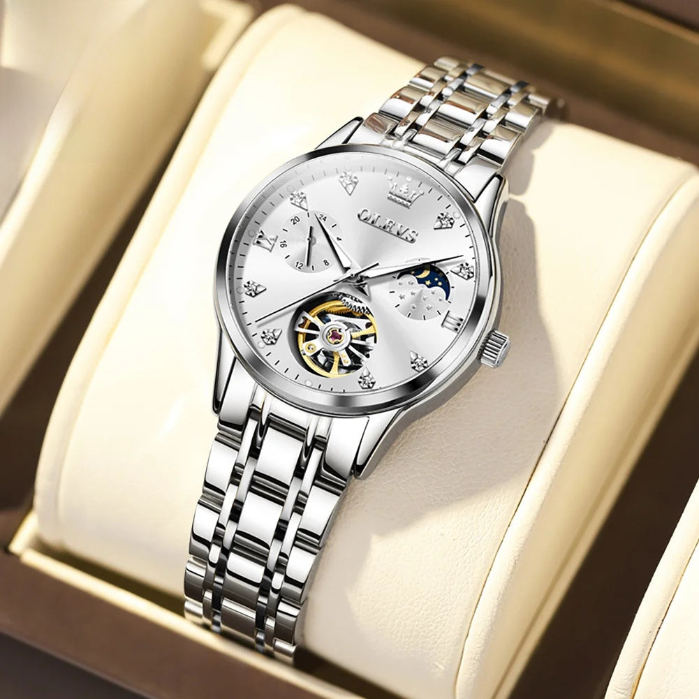 Women's Open-Heart Automatic Bracelet Watch — Silver Tone / White Dial — BandsCo Straps