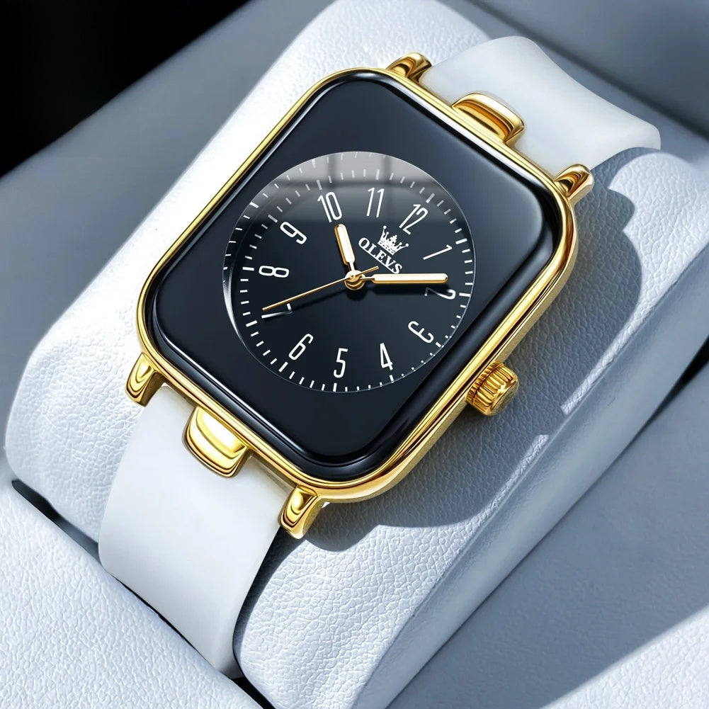 Women's Rectangular Silicone Quartz Watch — White / Gold Tone — BandsCo Straps