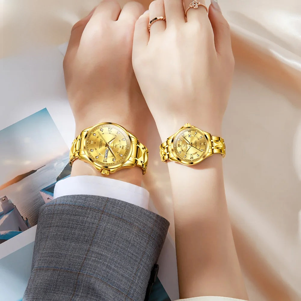 Stainless Steel Day-Date Watch - Women's, Men's & Couples — Matching gold-tone watches worn together — BandsCo Straps