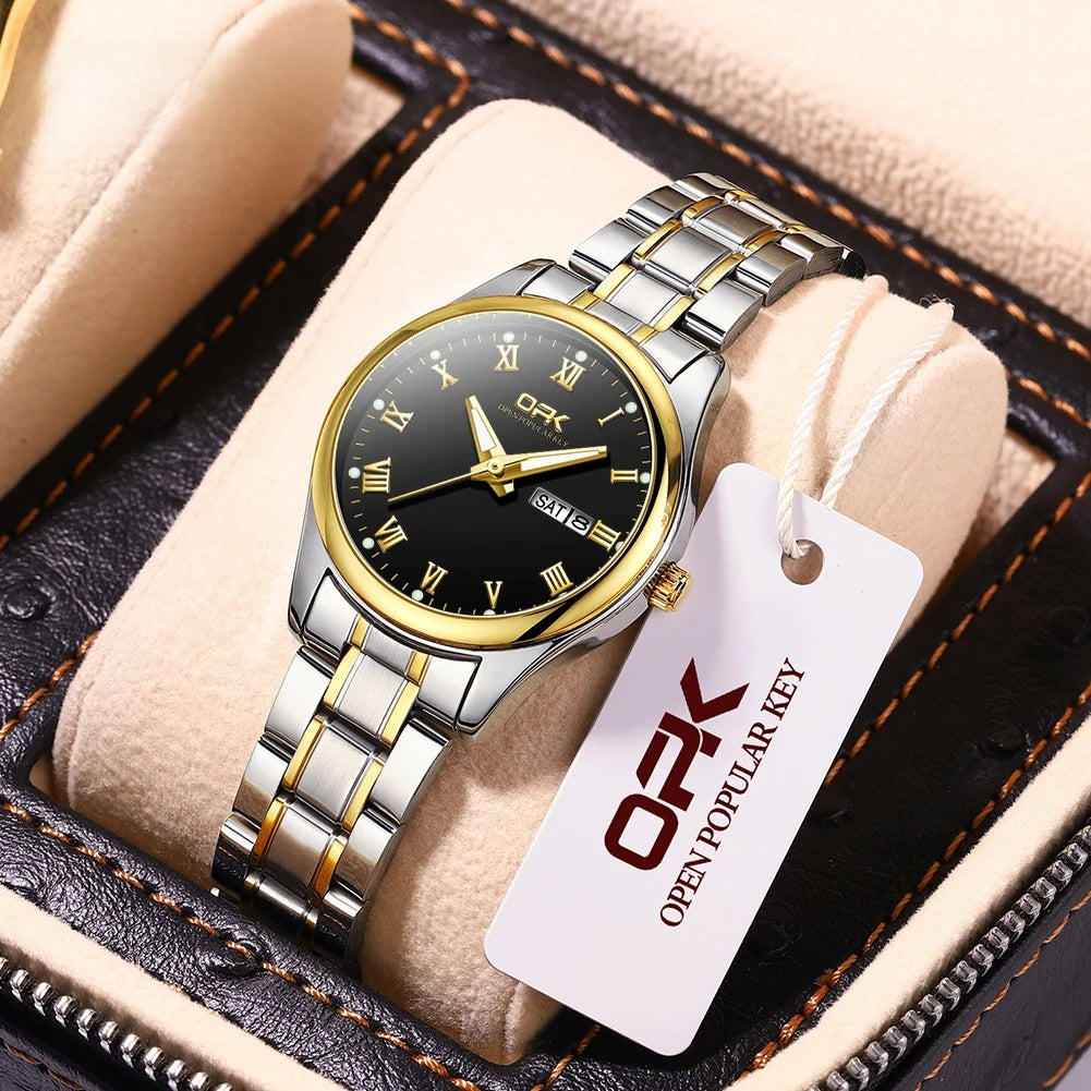 Women's Roman Dial Steel Day-Date Watch — Two Tone / Black Dial — BandsCo Straps