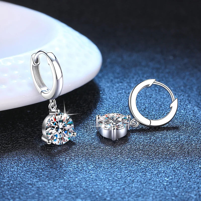 Colorful Solitaire Moissanite Hoop Drops in Sterling Silver — Hinged hoop closures
