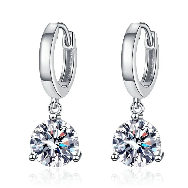 Colorful Solitaire Moissanite Hoop Drops in Sterling Silver — White